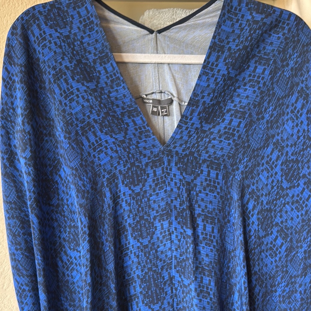 Blue and Black Patterned V-Neck Dress